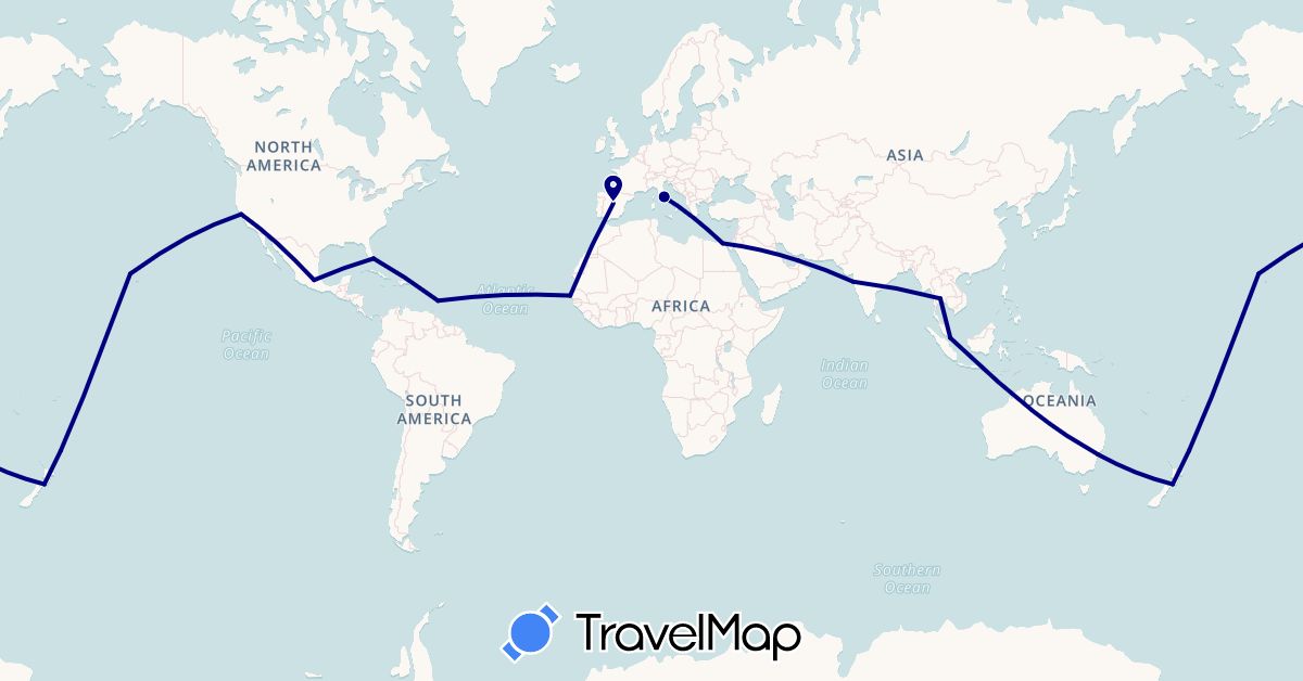 TravelMap itinerary: driving in United Arab Emirates, Australia, Barbados, Egypt, Spain, India, Italy, Mexico, New Zealand, Singapore, Senegal, Thailand, United States (Africa, Asia, Europe, North America, Oceania)